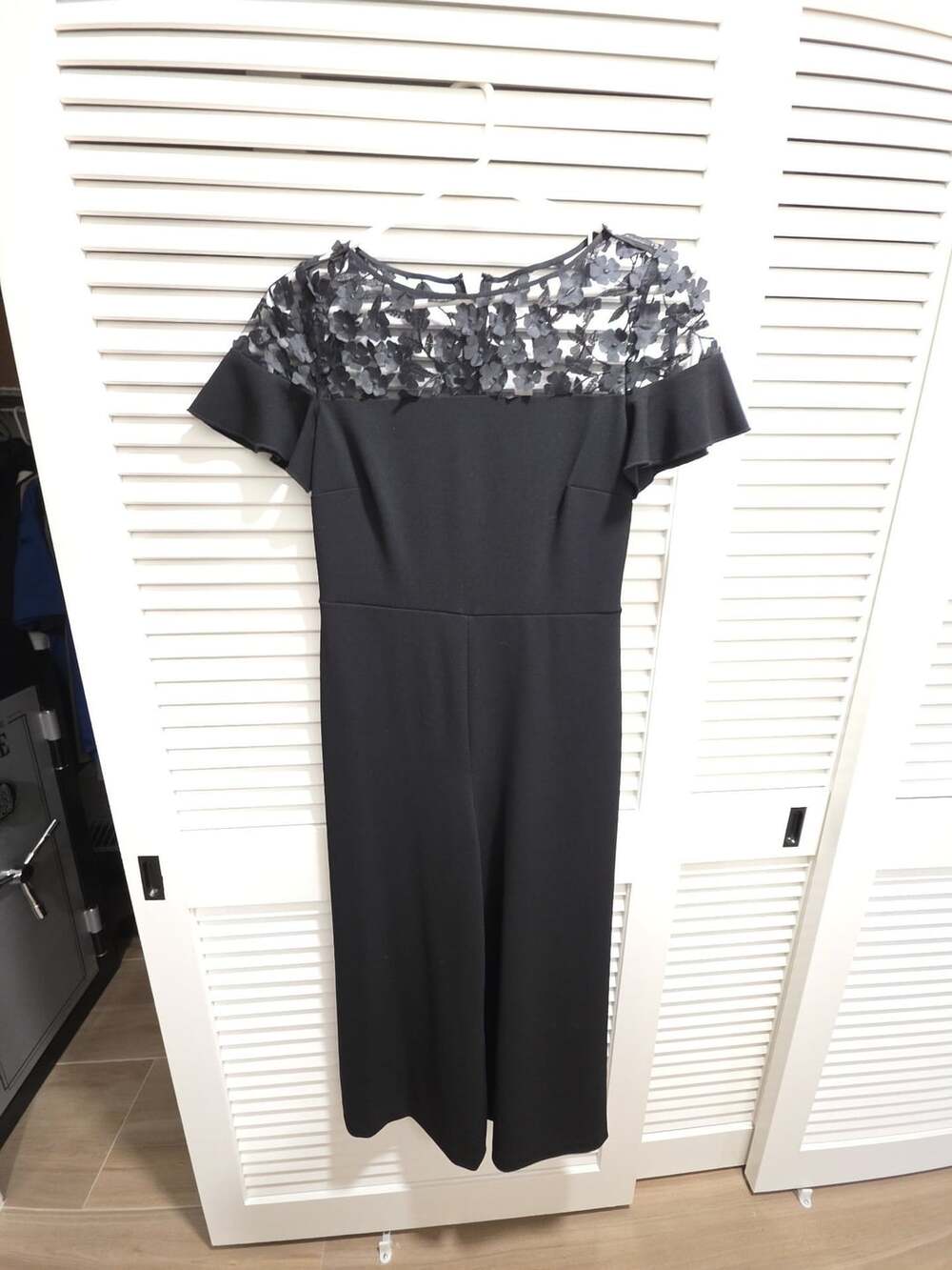 Karl Lagerfeld Paris Black Jumpsuit with 3D Floral Applique Mesh Illusion Top Si